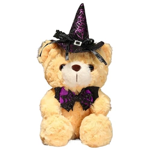 Teddybär Plüschtier, Halloween Kuscheltier Kissen Mit Hexenhut Und Fliege Kuscheliges Stofftier Flauschiges Bären Plüsch Spielzeug(Yellow) von KUKUShining