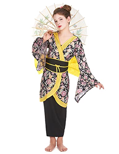 KULTFAKTOR GmbH Japanerin Mädchenkostüm Geisha-Kostüm schwarz-gelb-bunt 134/140 (10-12 Jahre) von KULTFAKTOR GmbH