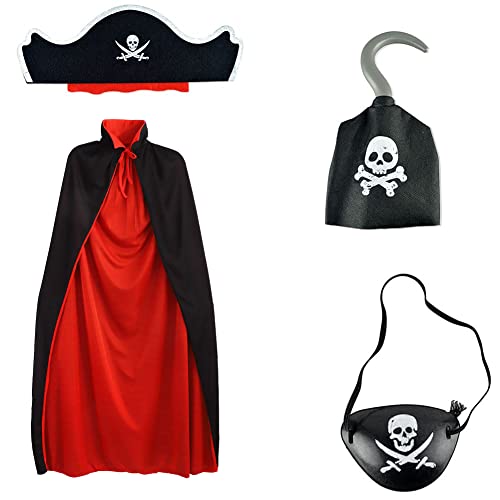 KUNHUI Halloween Pirat kostüm Set, 4 Stück Piraten Kleidungs Zubehör Kinderhalloween Piraten Cosplay Perfekt für Piratenpartys, Halloween Karneval, Piratenshow verkleiden (Hut, Umhang, Augenbinde) von KUNHUI
