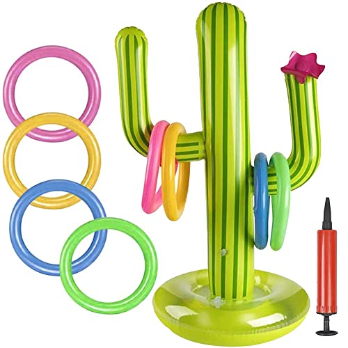 Ringwurfspiel Aufblasbare Kaktus, 10 Stück Aufblasbares Kaktus Ring Wurf Spiel Set, 1 Aufblasbaren Kaktus, 8 Farbe Aufblasbare Ringe und 1 Luftpumpe für Sommer Party Kinder Erwachsene Pool Spielzeug von KUNHUI