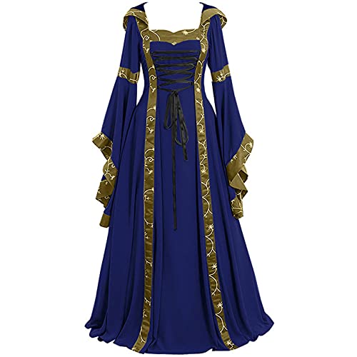 KUNOVO Renaissance Kleid für Halloween Mittelalter Kleider Damen Lang Vintage Kostüm Viktorianisches Renaissance Prinzessin Lange Kleider für Festliche Karneval Fasching Party 03-Blau,4XL von KUNOVO