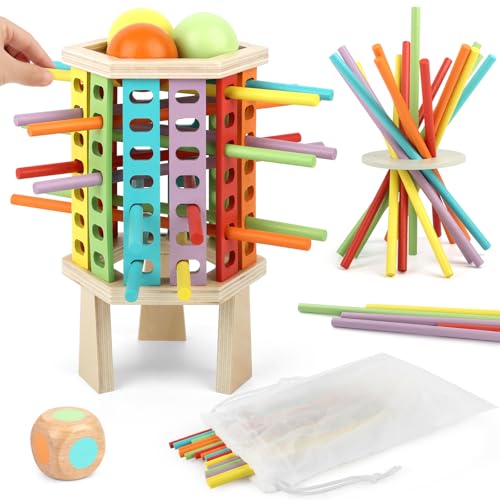 Montessori Spielzeug ab 3 Jahren – Holz Brettspiel mit 30 Bunten Holzstäbchen, Würfelspiel für Mathe & Feinmotorik, Lernspielzeug für Kinder ab 3, 4, 5, 6 Jahre – Ideales Reisespiel & Familienspiel von KUOFANY