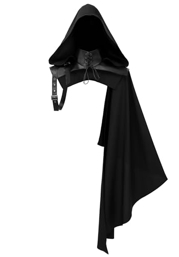 KUOIN Herren Mittelalterliches Kunstleder Schulter Brust Rüstung Gothic Kapuze Halbumhang Frauen Schwarz Steampunk Shrug (Schwarz, S) von KUOIN