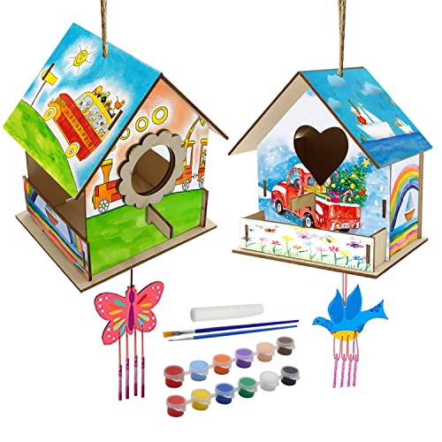 KUWAN Basteln für Kinder, 2 Stück DIY Vogelhaus Holzkunst zum bemalen Kit Vogelhaus Pigment Bemalen Unvollendete Set Vogelhaus Bausatz Kinder von KUWAN