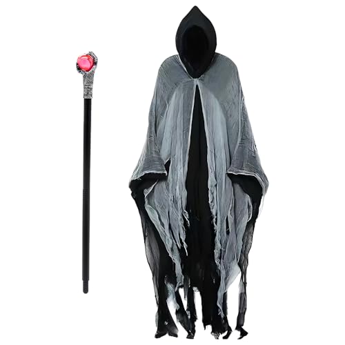 Halloween Kostüm Umhang mit Kapuze, Sensenmann Geister Kostüm, Vampir Verkleidung Set mit Vampirstange, Schwarz Halloween Kostüm Umhang mit Kapuze, Sensenmann Geister Kostüm, Vampir Verkleidung Set mit Vampirstange, Schwarz von KUWUNG