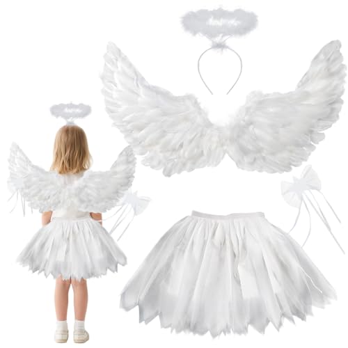 KUWUNG Engel Kostüm Kinder, Weiß Engel Kostüm mit Engelsflügel, Tütü Rock, Heiligenschein und Zauberstab, Engelskostüm für Mädchen, für Halloween, Mottoparty, Karneval, Kostümparty KUWUNG Engel Kostüm Kinder, Weiß Engel Kostüm mit Engelsflügel, Tütü Rock, Heiligenschein und Zauberstab, Engelskostüm für Mädchen, für Halloween, Mottoparty, Karneval, Kostümparty von KUWUNG