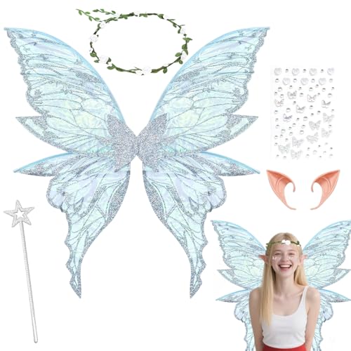 KUWUNG Feenflügel Kostüm Set, Schmetterlingsflügel mit Elfenohren und Blumenkranz, Funkelnde Engelflügel für Fasching und Mottopartys (Silberblau) von KUWUNG