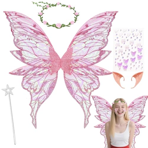 KUWUNG Feenflügel Kostüm Set, Schmetterlingsflügel mit Elfenohren und Blumenkranz, Funkelnde Engelflügel für Fasching und Mottopartys (rosa) von KUWUNG