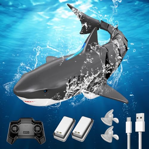 KUWUNG Ferngesteuerter Hai, 2.4GHz Hai-Spielzeug Ferngesteuert Hai Boot mit USB, RC Hai Wasserspielzeug Geschenk für 6+ Jahre Junge Mädchen (Zwei Batterien) von KUWUNG