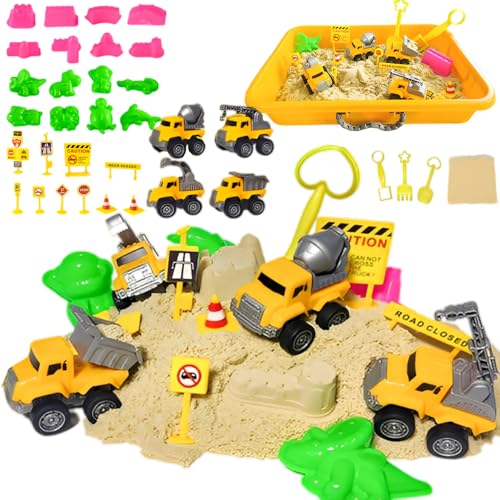 KUWUNG Kinetischer Sand Set, 1.3 kg Spielsand mit Baufahrzeugen, Burgformen, Verkehrsschildern und Faltbarem Sandkasten, Spielzeug ab 3 Jahren von KUWUNG