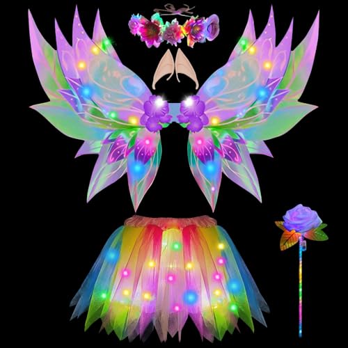 KUWUNG Leuchtende Feen Kostüm Kinder, Feenkostüm Mädchen mit Feenflügel LED Tutu Rock Blumenkranz Zauberstab Elfenohren, Kinder Feen Geburtstag Halloween Fasching Karneval Kostüm für Mädchen von KUWUNG