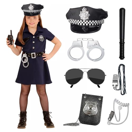 KUWUNG Polizei Kostüm Zubehör, 7 Stück Polizei Kostüm Kinder, Polizei Accessoires, Handschellen Polizei Kostüm, Polizei Kostüm Accessoires mit Polizeimütze Polizeimarke Handschellen für Karneval von KUWUNG