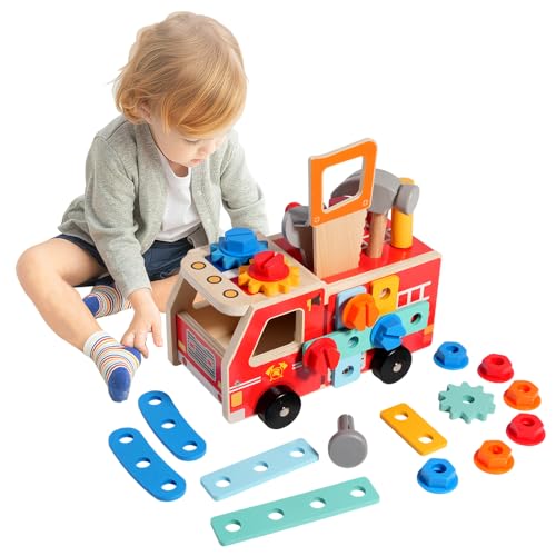 KUWUNG Werkbank Kinder, Werkzeugkoffer Kinder, Montessori Spielzeug ab 3 Jahre, Kinderspielzeug Holzspielzeug ab 3 Jahre, Werkzeugkasten Spielzeugauto Lernspiele Geschenk für 3 4 5 6 Junge Mädche von KUWUNG