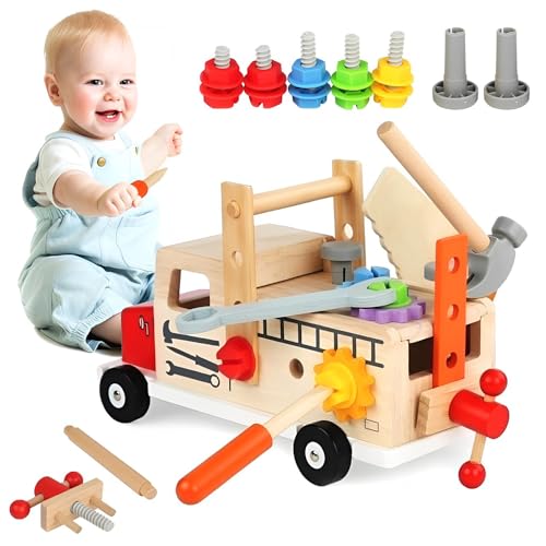 KUWUNG Werkzeugkoffer Kinder, Kinderwerkzeug Kinderspielzeug, Holzspielzeug Montessori Spielzeug ab 2 3 4 Jahre Werkbank Kinder Geschenk Junge Mädchen 2 3 4 5 6 Jahre (47 Stück) von KUWUNG