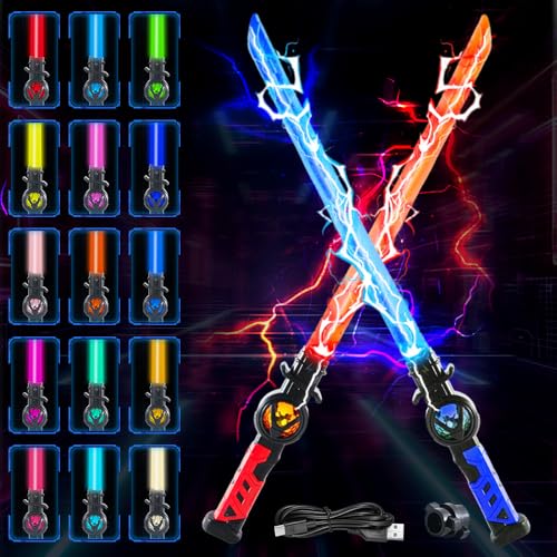 KUWUNG Wiederaufladbare Lichtschwert für Kinder, 15 Farben 2 in 1 Retractable LED Laserschwert Spielzeug mit Kampf Soundeffekten für Cosplay,Samurai Themenparty War Fighters (USB-Aufladung) von KUWUNG