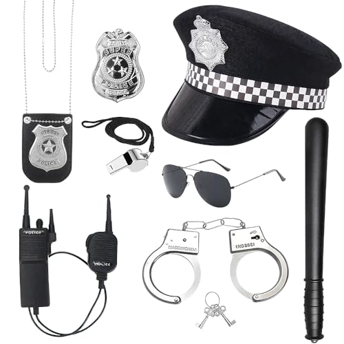 Polizei Kostüm Kinder, 8 Stück Handschellen Kinder Polizei Set, Polizeimütze Sonnenbrille Abzeichen Walkie-Talkie, Pfeife Detective Swat Rollenspiel Zubehör für Halloween Party Kostüm Dress up von KUWUNG