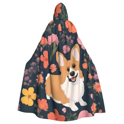 KVCBUYK Corgi Kapuzenumhang mit Blumenmuster für Halloween, Erwachsene, für Partys und Kostüme, mit Fliege und super großer Kapuze von KVCBUYK