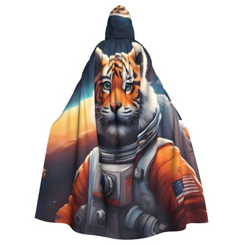 KVCBUYK Kleiner Tiger im Weltraum druckt Halloween Erwachsene Kapuzenumhang für Partys und Kostüme mit Fliege und super großer Kapuze von KVCBUYK