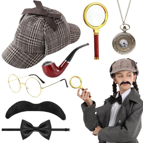 7PCS Detektiv Kostüm Zubehör Set,Detektiv Accessoires mit Hut Brille Langer Mundschlauch Kunstbärte Taschenuhr Lupe Fliege,Detektiv Cosplay Requisiten für Karneval Cosplay Maskerade Party 7PCS Detektiv Kostüm Zubehör Set,Detektiv Accessoires mit Hut Brille Langer Mundschlauch Kunstbärte Taschenuhr Lupe Fliege,Detektiv Cosplay Requisiten für Karneval Cosplay Maskerade Party von KVGBNT