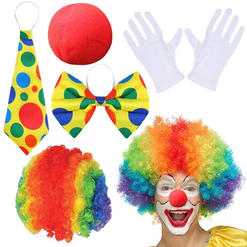 Clown Kostüm, Faschingskostüme, 5-Teiliges Clown ZubehöR Set Inklusive Bunter Clown Haare, Clown Nase, Clown Fliege, Krawatte und Handschuhen, Zirkus KostüM Passend für Ostern, Karnevalskostüm Cosplay Clown Kostüm, Faschingskostüme, 5-Teiliges Clown ZubehöR Set Inklusive Bunter Clown Haare, Clown Nase, Clown Fliege, Krawatte und Handschuhen, Zirkus KostüM Passend für Ostern, Karnevalskostüm Cosplay von KVGBNT