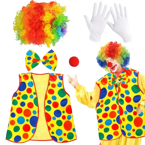 Clown Kostüm Damen,Clown,6 Stück Clown Kostüm Enthalten Regenbogen Clown Perücke Clown Outfits Fliege Nase Weiße Handschuhe,Clown Kostüm Kinder Damen Herren Fasching Karneval Cosplay Zirkus Requisiten von KVGBNT