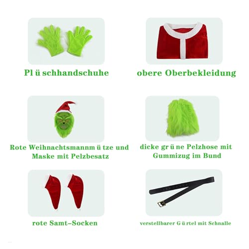KVLHCSVA Grinch Kostüm für Erwachsene - 7 Stück Grinch Kostüm Herren, Grünes Monster-Kostüm für Erwachsene, Grünes Monster Grinch Kostüm Damen, Weihnachtsmann Anzug Grünes, Grinch Kostüm Komplett (M) von KVLHCSVA