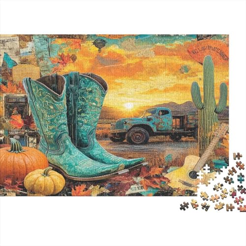 Puzzles Für Erwachsene 1000pcs (75x50cm) Western-Thema - Cowboy Boots, Cowboy Hat, Old LKW Puzzles Für Erwachsene Anspruchsvolles Spiel Heimdekorationspuzzle von KWFYBEHZ