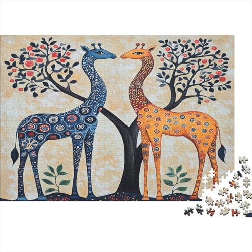 Puzzles Für Erwachsene 1000pcs (75x50cm) Zwei stilisierte Giraffen Puzzles Für Erwachsene Anspruchsvolles Spiel Indian Volkskunst Heimdekorationspuzzle von KWFYBEHZ