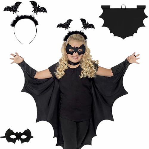 Fledermaus Kostüm Kinder,Fledermausflügel Vampir,Fledermauskostüm Vampir Mädchen Junge,Kostüm Fledermaus + Fledermaus maske +Haarschmuck,für Halloween/Karneval Kostüm von KWHSUN