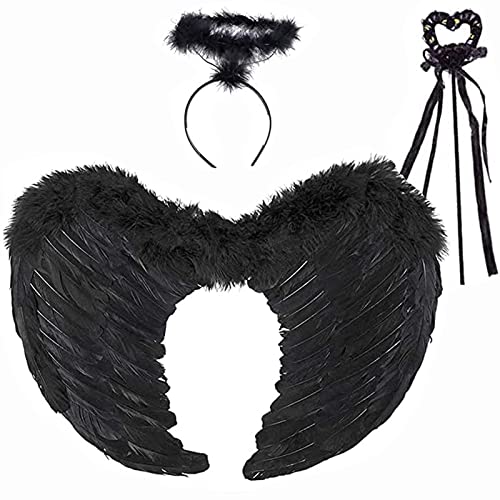 Engelsflügel Schwarz,60CM Engel Flügel,Engel Kostüm Damen mit Heiligenschein,Schwarz Flügel Mädchen,Kostüm Engel,Engels Flügel Kostüm für Cosplay Party Kostüme Deko von KWHSUN