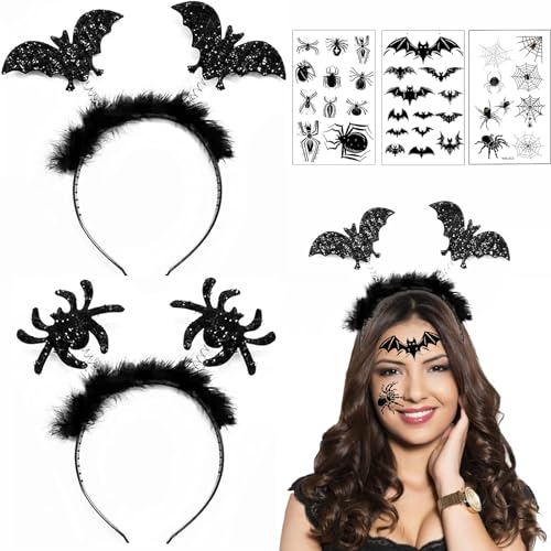 KWHSUN Halloween Haarreif,Halloween Fledermaus Haarreif,Halloween Haarreifen Spinnen, 2 Stücke Halloween Haarschmuck mit 3 Halloween Tattoos,Für Halloween Karneval und Fasching verkleiden sich von KWHSUN