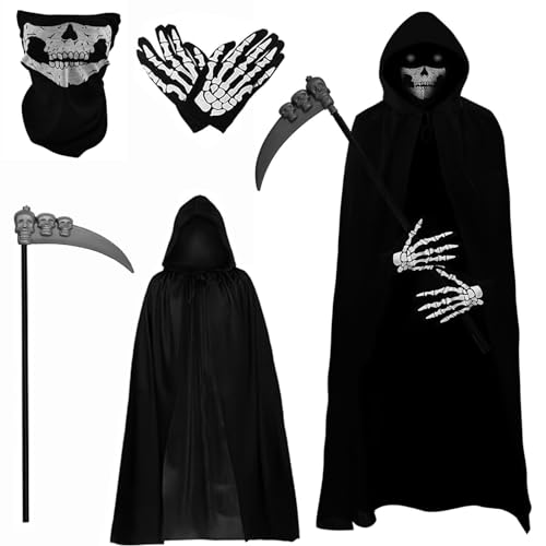 Sensenmann Kostüm,Halloween Sensenmann Kostüm Kinder,4-teiliges Tod Kostüm Set,Halloween Kostüm Set,mit Sichel,Schädelmaske,Handschuhe,Umhang mit Kapuze Vampir Kostüm,für Halloween Dekoration Cosplay Sensenmann Kostüm,Halloween Sensenmann Kostüm Kinder,4-teiliges Tod Kostüm Set,Halloween Kostüm Set,mit Sichel,Schädelmaske,Handschuhe,Umhang mit Kapuze Vampir Kostüm,für Halloween Dekoration Cosplay von KWHSUN