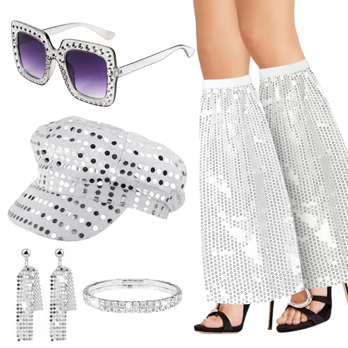 KWJEIULSOQ 5-teiliges Disco-Kostüm-Set mit Pailletten, Hut, Sonnenbrille, Ohrringen, Armband, Beinstulpen, Diskoko-Kostüm-Set für Damen, Motto-Party, Halloween, Geburtstag, Hippie-Kostüm KWJEIULSOQ 5-teiliges Disco-Kostüm-Set mit Pailletten, Hut, Sonnenbrille, Ohrringen, Armband, Beinstulpen, Diskoko-Kostüm-Set für Damen, Motto-Party, Halloween, Geburtstag, Hippie-Kostüm von KWJEIULSOQ