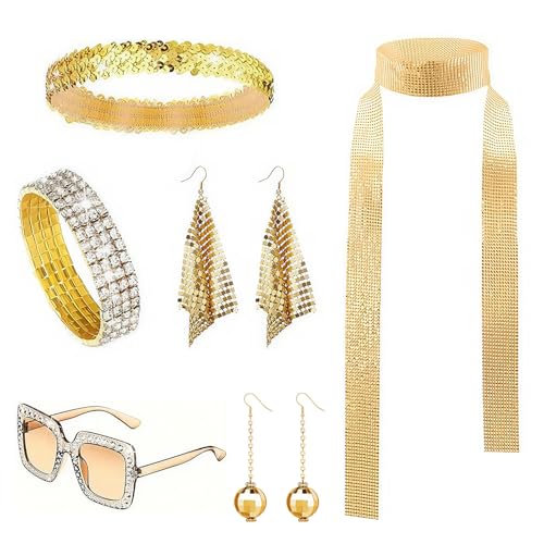 KWJEIULSOQ 6 Stück 70er/80er Jahre Disco Goldenes Zubehör Disco Kostüm Set Pailletten Schal Ohrringe Sonnenbrille Armband und Stirnband für Geburtstag Retro Disco Party Favor von KWJEIULSOQ