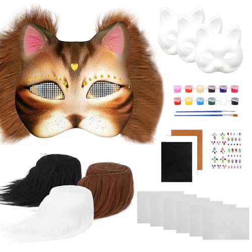 KWJEIULSOQ Therian Masken-Set, 3 Blanko-Katzenmasken, 3 selbstklebende Flanell, 3 Kunstpelz und 6 Kunststoff-Augennetze, DIY kreative Katzenmasken zum Dekorieren, Maskerade, Karneval, Cosplay von KWJEIULSOQ