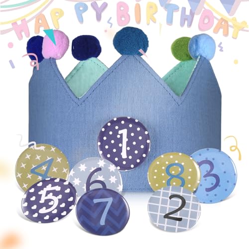 KWJEIULSOQ Geburtstagskrone Kinder - Musselin Stoff - Geburtstagskrone Mädchen mit Button Zahlen von 1-8 | Kindergeburtstag - Pastell - Blau - Gewaschen werden von KWJEIULSOQ