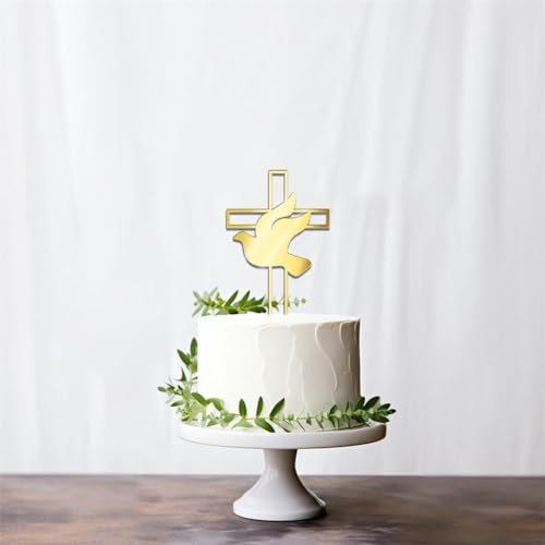 3 Stück Spiegel-Acryl-Kuchenaufsätze, goldfarbenes Tauben-Kreuz-Kuchenaufsätze für Taufe, Erstkommunion, religiöse T-Kuchendekoration von KWJNH