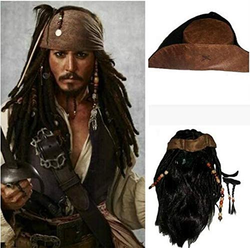 KXQYIKYI Halloween Kostüm für Männer Erwachsener Piraten Kapitän Jack Sparrow Perücken Hut Piraten des karibischen Cosplay -Accessoires von KXQYIKYI