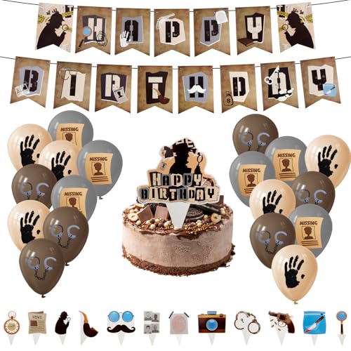 KXVXXV 32 Stück Detektiv Geburtstag Deko Set, Kindergeburtstag Detektiv Accessories, Detective Kuchen Topper, Cupcake Toppers, Ballon Detektiv, Happy Birthday Banner von KXVXXV