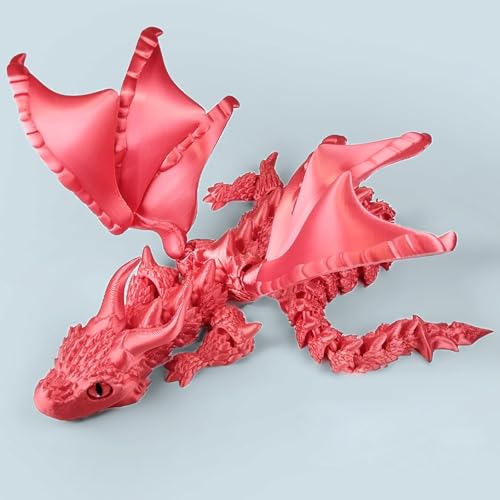 KXWDKJ 3D-gedruckter Drache mit Flügeln, 3D-Drucker-Spielzeug für Zuhause, Büro, Dekoration, Schreibtisch-Spielzeug (30 x 15 cm, Seidenrot) von KXWDKJ