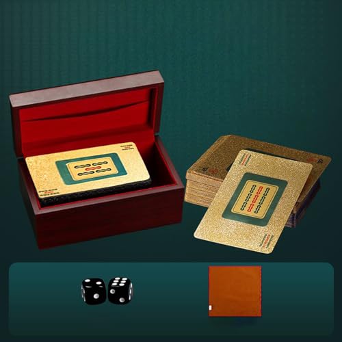 KXWDKJ Mahjong Cards Mah Jongg Gifts 144pcs PVC Waterproof with 2 Dice Leather Tablecloth for Outdoor Party Travel (Wooden Box) von KXWDKJ