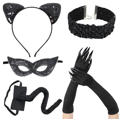 5 Stück Katzenfrau Kostüm, Catwoman Outfit Erwachsene Damen mit Stirnband, Halskette, Augenmaske, Handschuhe und Schwanz, Katzenkostümset für Halloween, Cosplay und Mottopartys von KYEDGC