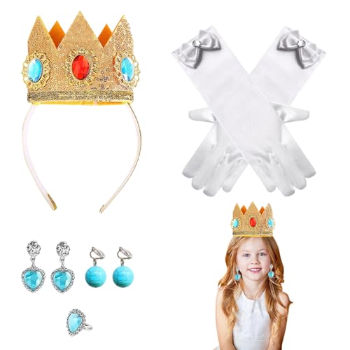 5-teiliges Prinzessinnen-Pfirsich-Kostüm für Erwachsene, Prinzessin Pfirsichkrone mit Ohrringen und Handschuhen, elegantes Verkleidungsset für Kinder und Erwachsene, perfekt für Halloween und von KYEDGC