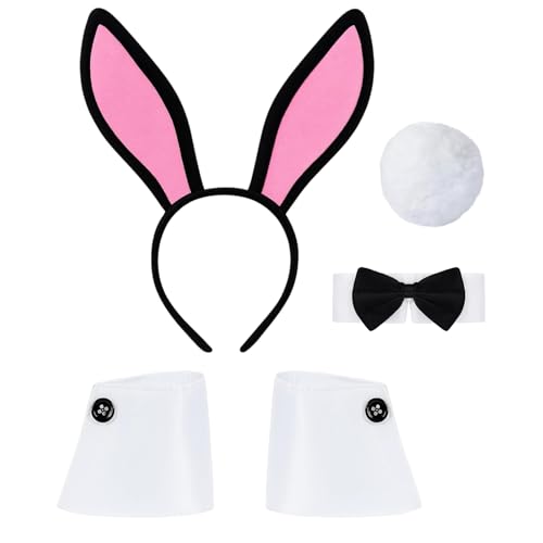 KYEDGC 4 Stück Bunny Outfit Frauen Kostüm Zubehör Set, Bunny Ears Stirnband mit Fliege Kragen und Manschetten, Weich Flauschig Bunny Tail für Halloween Party Cosplay Themenveranstaltungen von KYEDGC