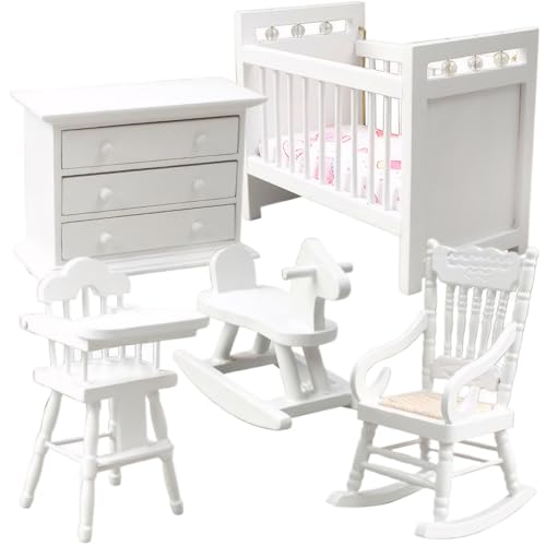 Dollhouse Möbel Set 1 12 Skala Holzminiaturmöbel einschließlich Baby Krippe Rocking Horse Stuhl Schrank Baby Schlafzimmer Puppenhauszubehör weiß von KYEQATY