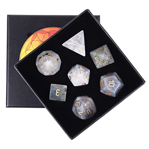 KYEYGWO Labradorit Kristall Polyedrische Würfel Set, 7pcs Reiki Heilung Stein Polyedrischer Spielwürfel für Dungeons und Dragons RPG DND Dice Tischkartenspiele Brettspielwürfel von KYEYGWO