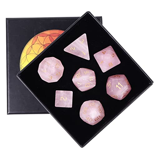 KYEYGWO Rosenquarz Kristall Polyedrische Würfel Set, 7pcs Reiki Heilung Stein Polyedrischer Spielwürfel für Dungeons und Dragons RPG DND Dice Tischkartenspiele Brettspielwürfel von KYEYGWO