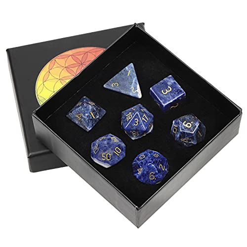 KYEYGWO Sodalith Kristall Polyedrische Würfel Set, 7pcs Reiki Heilung Stein Polyedrischer Spielwürfel für Dungeons und Dragons RPG DND Dice Tischkartenspiele Brettspielwürfel von KYEYGWO