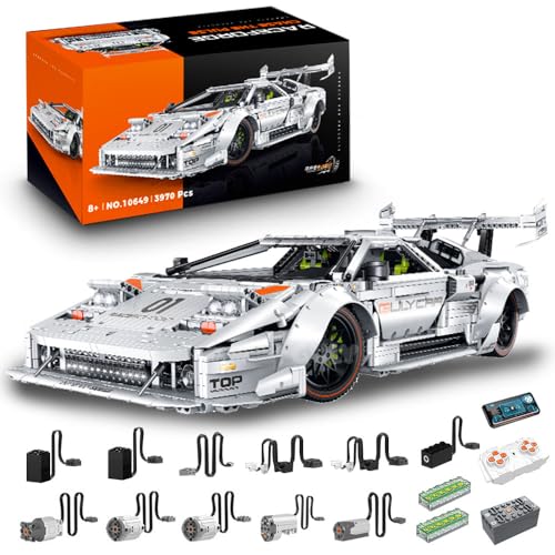 Technik Auto für Lambo Countach LP5000 QV Rennauto, MOC Lambo LP5000 Technik Supercar Bausatz mit 6 M0T0R, 1:8 KIemmbausteine für Kinder und Erwachsene von KYLON