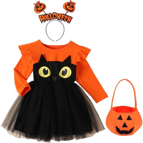 3er Kürbis Kostüm Kinder Set,Halloween Kostüm Kleinkind Kürbis Kleid mit Haarreif ＆ Tasche,3-5 Jahre Kürbiskostüm Mädchen Pumpkin Costume Halloween Fancy Dress Outfits Cosplay Kostüme von KYOEOE